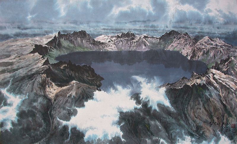 Gang Hyon Chol, Lago Chon, cm 73 x 119, Korean Painting LOW